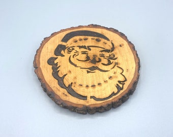 Wood Burned Santa Claus Oak Wood Slice | Rustic Christmas Decor | Handmade Santa Coaster | Farmhouse Christmas Gift.