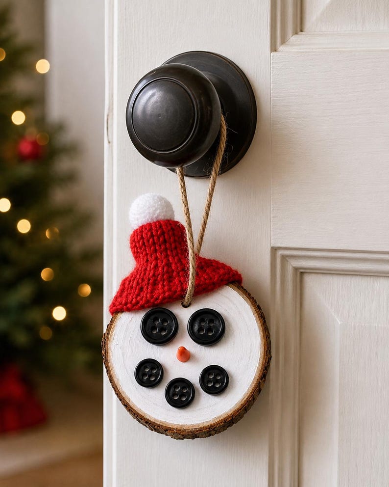 May include: A circular wood slice ornament painted white with a snowman face featuring five black buttons for eyes and a mouth, and a small orange cone nose. A red knitted hat with a white pom-pom sits on top, attached by a tan jute twine loop.