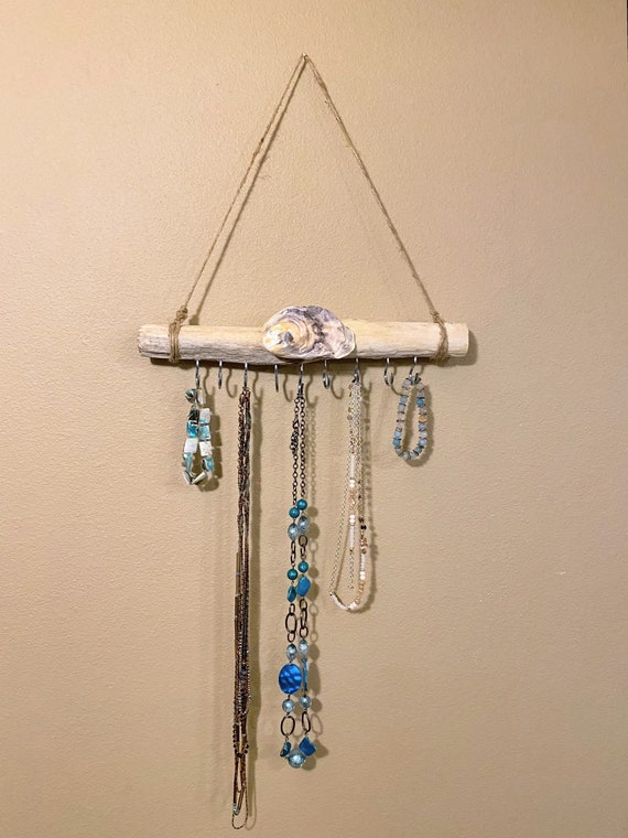Driftwood Jewelry Holder*Driftwood Wall Decor*Key Ring Hanger*Necklace Hanger*Oyster Shell*Bracelet Holder*Coastal Art*Gift for Her