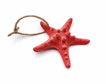 Red Knobby Starfish Ornament, Coastal Christmas Decor, Beach House Ornament, Nautical Seaside Gift, Handmade Ocean Decor