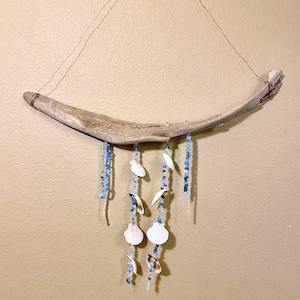 Seashell Driftwood Chime: Nautical Beach Mobile with Blue Rock Chips
