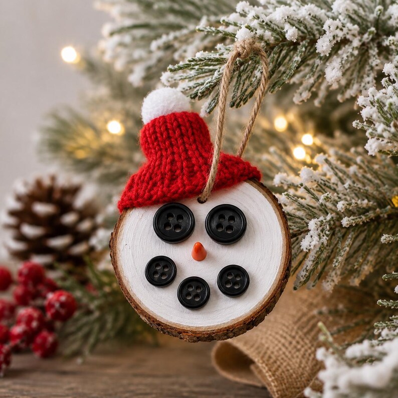 May include: A circular wood slice ornament painted white, featuring a red knit hat with a white pom-pom on top. The face is decorated with five black buttons for eyes and a mouth, and a small orange cone-shaped nose. A jute twine loop is attached.
