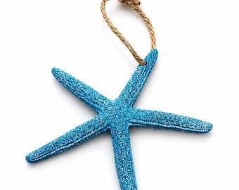 Blue Starfish Ornament with Silver Glitter – Coastal Christmas Decor, Beach House Ornament, Nautical Gift