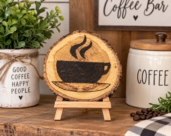 Wood Burned Coffee Coaster | Natural Oak Wood Slice | Handmade Coffee Lover Gift | Rustic Kitchen Decor