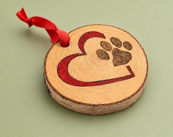 Dog Paw Heart Ornament | Wood Burned Dog Ornament | Hand Painted Birch Wood Slice | Dog Lover Christmas Gift | Pet Ornament