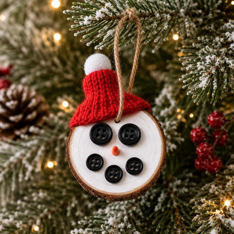 May include: A round wooden slice ornament painted white, featuring five black buttons arranged to form eyes and a mouth, and a small orange cone nose. A red knitted hat with a white pom-pom sits on top, attached to a jute twine hanging loop.