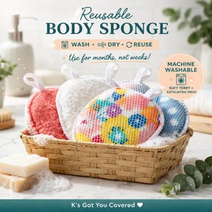 May include: A wicker basket holds several reusable body sponges in various colors, including red, white, and blue. The sponges have a soft terry and exfoliating mesh texture. The text on the image says "Reusable Body Sponge" and "Use for months, not weeks!"