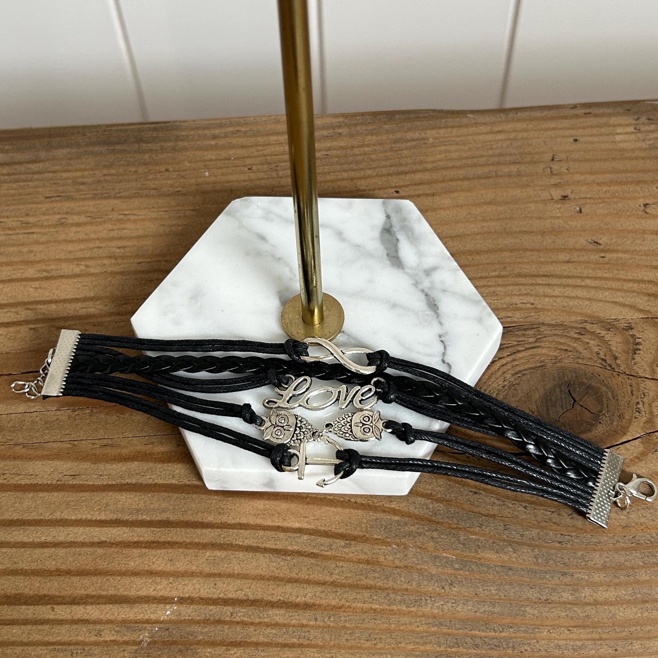 Black Multi-Strand Faux Leather Bracelet: Love, Owl & Anchor Charms