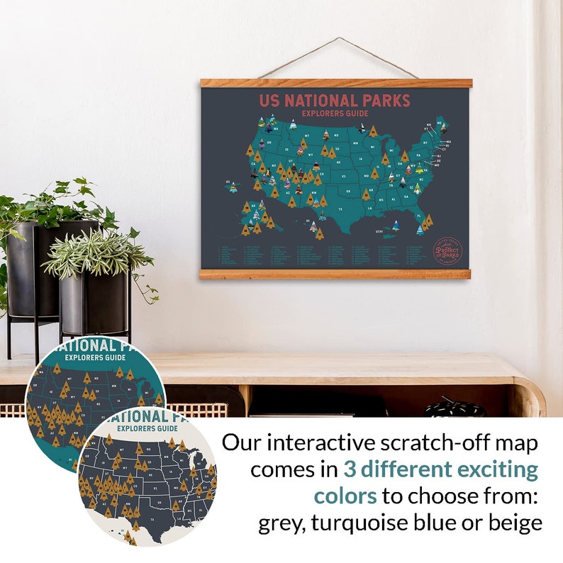 May include: A scratch-off map of the United States featuring all the National Parks. The map is in a dark blue colour with gold icons representing each park. The map is framed with a wooden frame and hanging on a white wall. The text "US National Parks Explorers Guide" is printed at the top of the map.