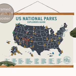 May include: A framed scratch-off poster of the United States with a map of all the National Parks. The poster is titled "US National Parks Explorers Guide" and features a blue map with gold and green icons representing each park. The poster also includes the text "United States Protect Our Parks of America".