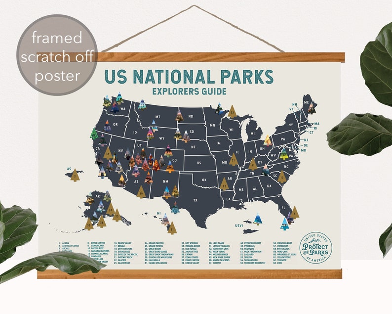 USA National Park Scratch Off Map Magnetic Frame Scratch Off Travel Poster Scratch Travel Map Explorer Map Great Christmas Gift image 1