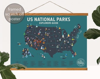 USA National Park Scratch Off Poster + Magnetic Frame - Scratch Off Travel Poster - Scratch Travel Map - Explorer Map - Great Holiday Gift