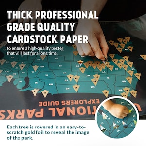 May include: A green and gold scratch-off map of the United States featuring all of the National Parks. Each park is represented by a tree that can be scratched off to reveal a gold image of the park. The text "National Parks Explorers Guide" is printed on the map.
