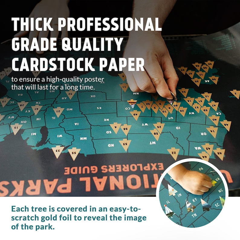 May include: A green and gold scratch-off map of the United States featuring all of the National Parks. Each park is represented by a tree that can be scratched off to reveal a gold image of the park. The text "National Parks Explorers Guide" is printed on the map.