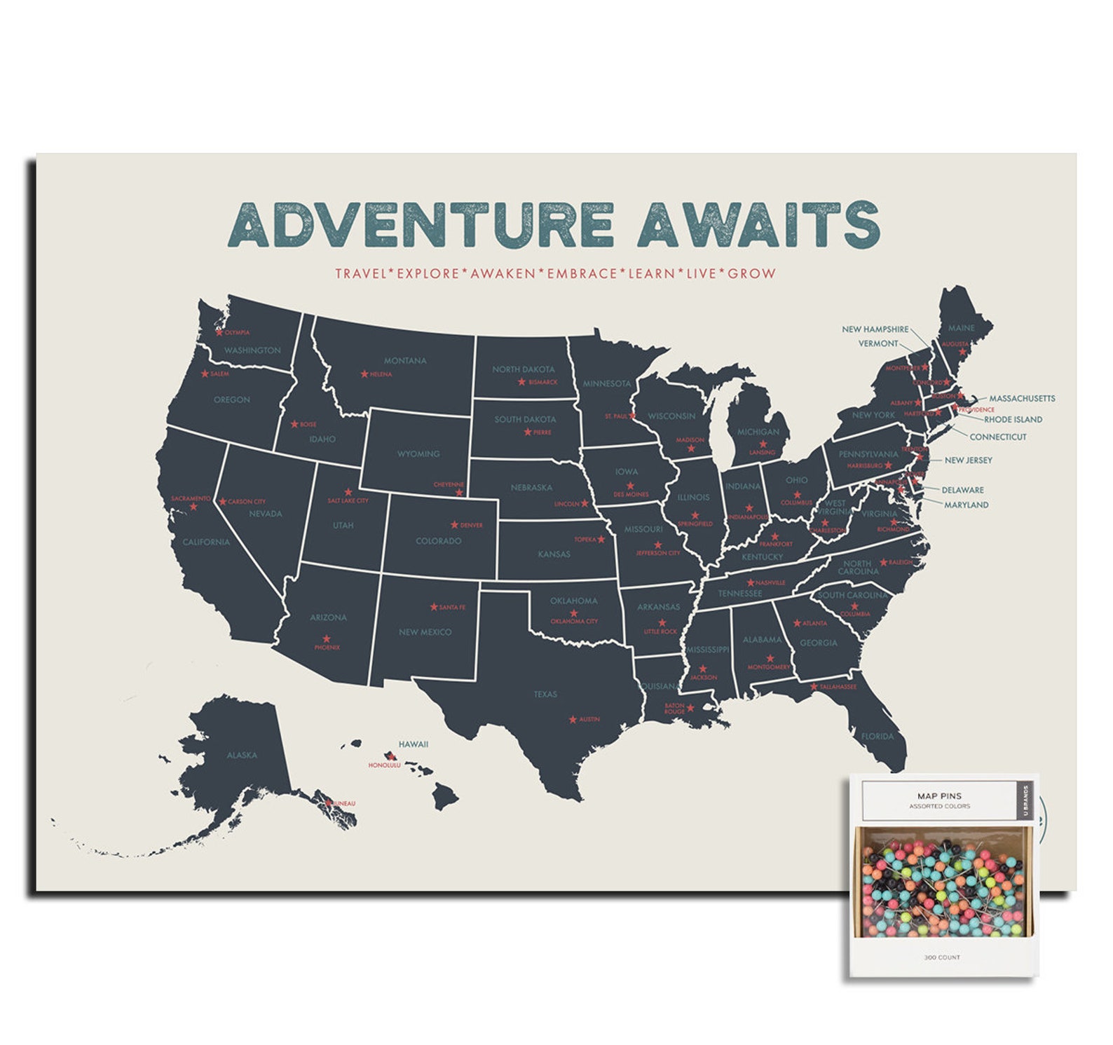 USA Pushpin Travel Map USA Poster Mark Travels Through the - Etsy