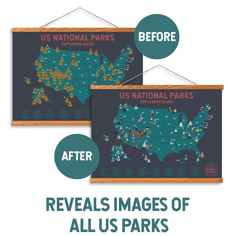 May include: A black chalkboard map of the United States with gold icons marking the locations of all US National Parks. The map is framed in wood and has the text "US National Parks Explorers Guide" at the top. The image shows the map before and after revealing the icons, which are images of the parks.