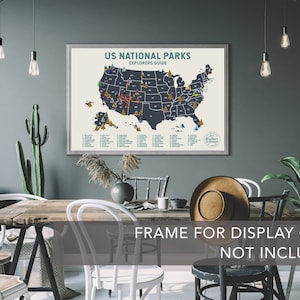 May include: A framed poster featuring a map of the United States, highlighting the locations of all the National Parks. The map is dark blue with white outlines and the text "US National Parks Explorers Guide" at the top. The poster is displayed on a grey wall in a room with a wooden table and chairs.