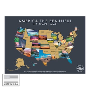 May include: A US travel map titled "America the Beautiful" with each state filled with colorful landscape images. The map is on a dark blue background with gold-colored state outlines. The text "Made in U.S.A." is in the lower left corner.