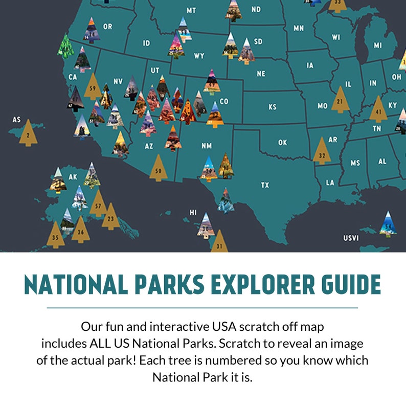 May include: A map of the United States featuring a gold tree icon for each national park. Each tree is numbered and has a small image of the park underneath. The map is on a teal background with state borders outlined in white.