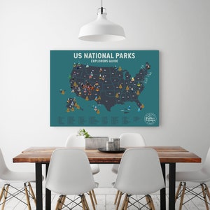 May include: A teal blue poster with a map of the United States showing the locations of all the National Parks. The poster has the text "US National Parks Explorers Guide" at the top.