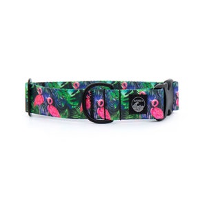 Flamingo Dog Collar | Tropical Pet Collar | Beach Dog Collar | Black Metal Collar | Summer Martingale | Stainless Steel | Boating Pet Collar