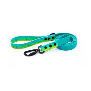 May include: A turquoise blue dog leash with a green and yellow patterned strap and a black metal clip.
