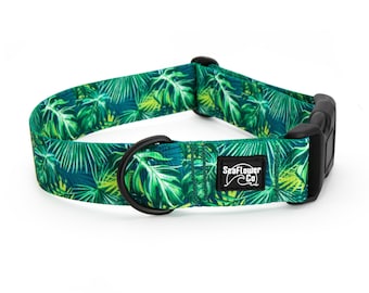 Tropical Palm Tree Buckle Dog Collar or Martingale: Durable Polyester Webbing, Stainless Steel & Black Metal Hardware