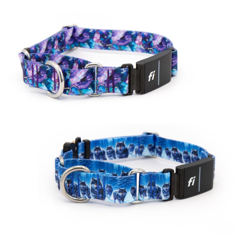 Puede incluir: Dos collares para perros. El collar superior tiene un patr&oacute;n abstracto p&uacute;rpura y azul. El collar inferior es azul con un dise&ntilde;o de manada de lobos. Ambos collares tienen una hebilla negra con las letras "fi" y un anillo de metal plateado.