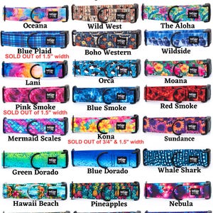 K&ouml;nnte beinhalten: Eine Sammlung von vierundzwanzig Haustierhalsb&auml;ndern mit verschiedenen Druckmustern, darunter Peacock Bass, Purple Geode, Great Outdoors, Oceana, Wild West, The Aloha, Blue Plaid, Boho Western, Wildside, Lani, Orca, Moana, Pink Smoke, Blue Smoke, Red Smoke, Mermaid Scales, Kona, Sundance, Green Dorado, Blue Dorado, Whale Shark, Hawaii Beach, Pineapples, Nebula, Dragon Scales, Floral Skulls und Neon Jellyfish.
