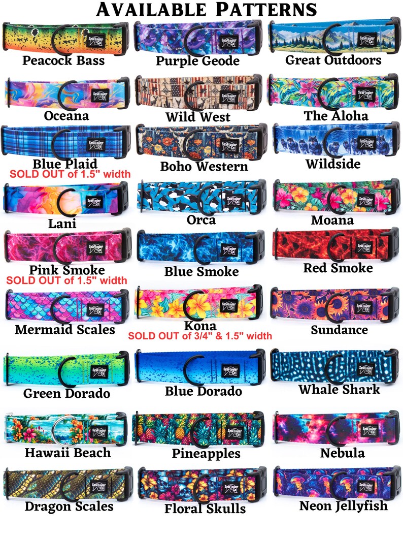 K&ouml;nnte beinhalten: Eine Sammlung von vierundzwanzig Haustierhalsb&auml;ndern mit verschiedenen Druckmustern, darunter Peacock Bass, Purple Geode, Great Outdoors, Oceana, Wild West, The Aloha, Blue Plaid, Boho Western, Wildside, Lani, Orca, Moana, Pink Smoke, Blue Smoke, Red Smoke, Mermaid Scales, Kona, Sundance, Green Dorado, Blue Dorado, Whale Shark, Hawaii Beach, Pineapples, Nebula, Dragon Scales, Floral Skulls und Neon Jellyfish.