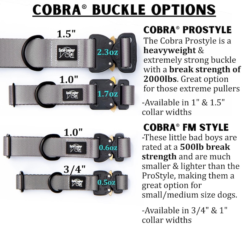 K&ouml;nnte beinhalten: Vier graue Nylon-Hundehalsb&auml;nder mit schwarzen Cobra-Schnallen und Metallbeschl&auml;gen. Das Bild enth&auml;lt Textbeschriftungen f&uuml;r Cobra Prostyle und FM-Modelle mit Breiten von 1,9 cm, 2,5 cm und 3,8 cm sowie Gewichtsangaben von 14g bis 65g.