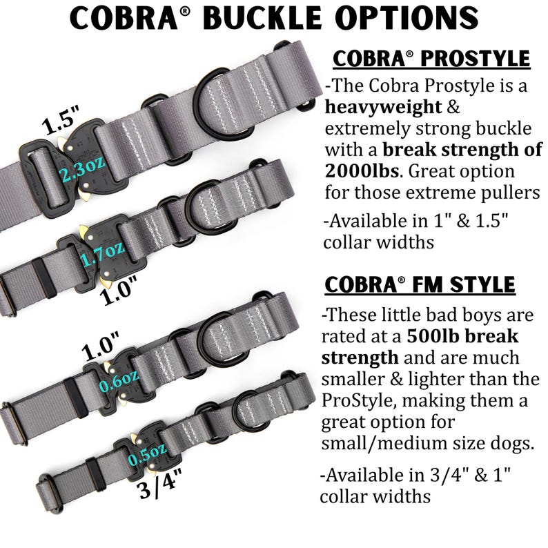 Puede incluir: Imagen de opciones de hebillas Cobra. La imagen muestra varias hebillas grises para collares de perro con diferentes anchos y resistencias. El Cobra Prostyle es una hebilla resistente con una resistencia a la rotura de 907 kg, disponible en anchos de 2,5 cm y 3,8 cm.