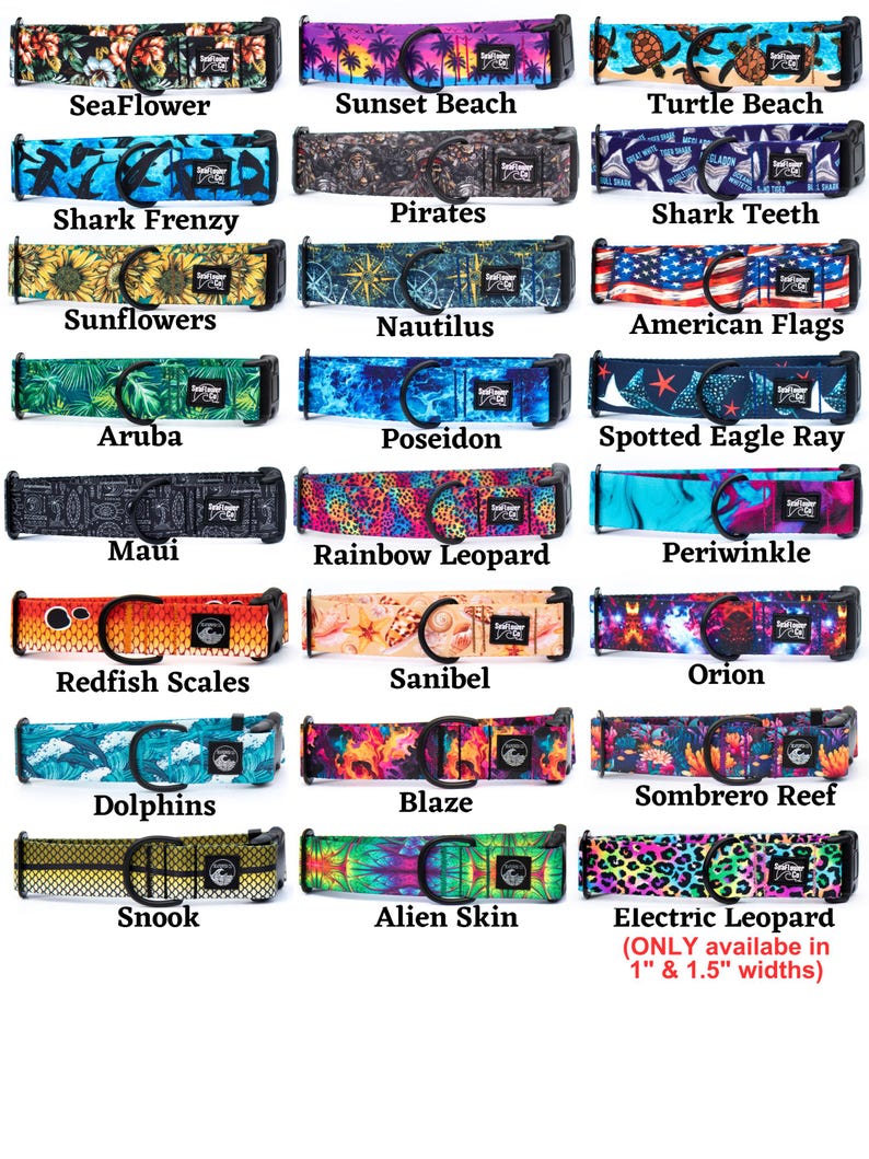 May include: A collection of twenty-four patterned pet collars with black plastic buckles and metal D-rings. Each collar features a unique graphic print including floral, nautical, animal, celestial, and abstract designs with labels below each item.