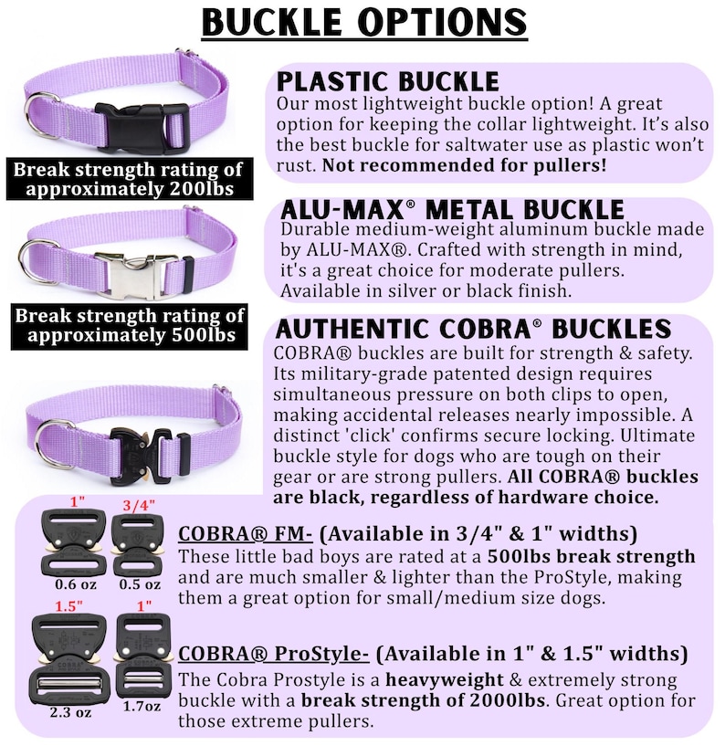 May include: Three lavender nylon collars with different buckle types: a black plastic buckle with a 200lb break strength, a silver metal buckle with a 500lb break strength, and a black Cobra buckle. Includes detailed text on buckle options and weights.
