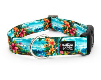 Hawaii Beach Buckle Dog Collar or Martingale: Tropical Floral Pet Gear, Stylish and Durable Pet Collar, Stainless Steel Hardware