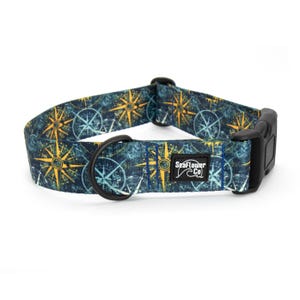 Compass Buckle Dog Collar or Martingale: Nautical Navy Pet Collar with Black Metal Or Stainless Steel Hardware