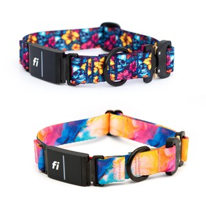 May include: Two dog collars with black hardware and black Fi tracking modules. One collar features a dark pattern of blue skulls and yellow and pink flowers. The second collar has a vibrant, abstract watercolor print in shades of blue, pink, and orange.