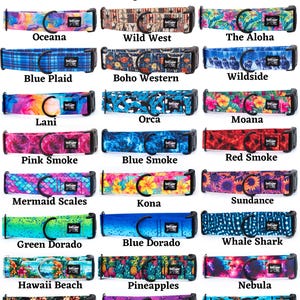 May include: A collection of twenty-four dog collars featuring various patterns including Peacock Bass, Purple Geode, Great Outdoors, Oceana, Wild West, The Aloha, Blue Plaid, Boho Western, Wildside, Lani, Orca, Moana, Pink, Blue, and Red Smoke.