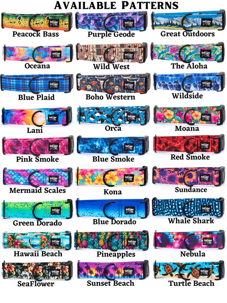 May include: A collection of twenty-four dog collars featuring various patterns including Peacock Bass, Purple Geode, Great Outdoors, Oceana, Wild West, The Aloha, Blue Plaid, Boho Western, Wildside, Lani, Orca, Moana, Pink, Blue, and Red Smoke.