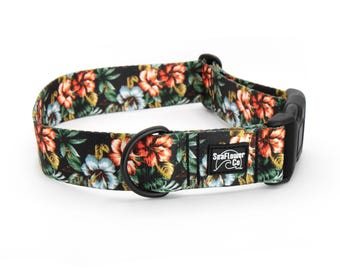 Hawaiian Floral Buckle Dog Collar or Martingale: Tropical Hibiscus Print, Stainless Steel or Black Metal
