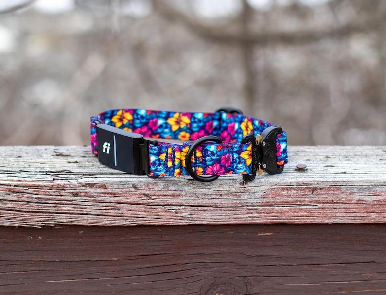 May include: A dog collar featuring a vibrant pattern of blue skulls and yellow and pink flowers. The collar includes a black electronic tracking module with the text fi, a black metal D-ring for a leash, and a black plastic side-release buckle.