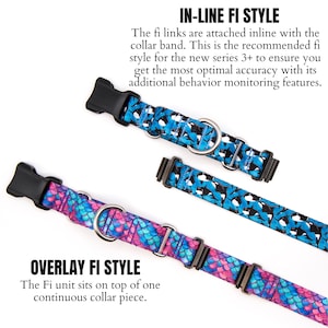 Puede incluir: Tres collares para perros con hebillas negras y herrajes met&aacute;licos. Un collar tiene un patr&oacute;n azul y negro, y otro tiene un patr&oacute;n de escamas rosas y azules. El texto en la imagen dice "IN-LINE FI STYLE" y "OVERLAY FI STYLE".