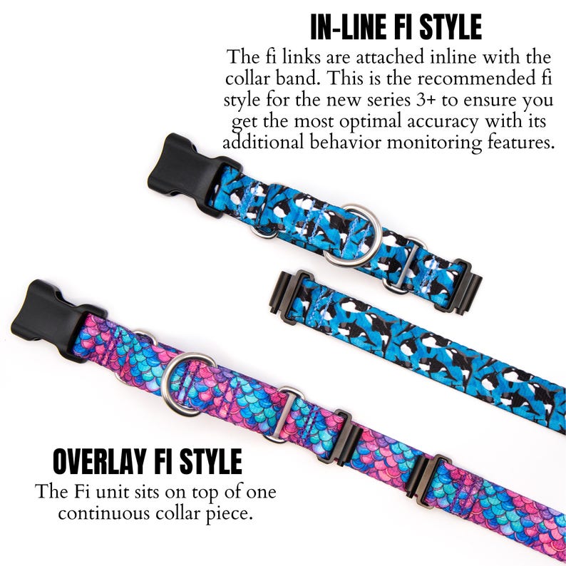 Puede incluir: Tres collares para perros con hebillas negras y herrajes met&aacute;licos. Un collar tiene un patr&oacute;n azul y negro, y otro tiene un patr&oacute;n de escamas rosas y azules. El texto en la imagen dice "IN-LINE FI STYLE" y "OVERLAY FI STYLE".