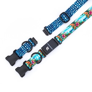 K&ouml;nnte beinhalten: Zwei Haustierhalsb&auml;nder mit schwarzen Kunststoffschnallen und Beschl&auml;gen. Ein Halsband hat ein blau-wei&szlig;es Punktemuster, das andere ein lebhaftes tropisches Blumenmuster mit rosa und orangefarbenen Bl&uuml;ten. Ein schwarzes Modul mit dem Text fi ist befestigt.