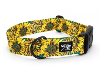 Sunflower Buckle Dog Collar Or Martingale: Summer Floral Beach Pet Collar, Stainless Steel or Black Metal Hardware
