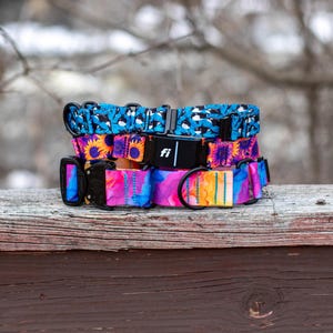 Puede incluir: Una pila de tres collares para perros con patrones vibrantes. El collar superior es azul con formas blancas, el del medio tiene girasoles y el inferior es una mezcla de rosa, azul y naranja. Cada collar tiene una hebilla negra.