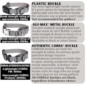 Puede incluir: Comparaci&oacute;n de hebillas para collares de perro: pl&aacute;stico, metal Alu-Max y Cobra. La hebilla de pl&aacute;stico tiene una resistencia a la rotura de aproximadamente 90 kg. La hebilla de metal Alu-Max tiene una resistencia a la rotura de aproximadamente 227 kg. La hebilla Cobra tiene una resistencia de 227 kg a 907 kg.