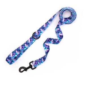 Può includere: Un guinzaglio per cani con un motivo colorato di blu, viola e bianco. Il guinzaglio ha un moschettone in metallo nero e un anello in metallo nero. Il guinzaglio è arrotolato in alto.