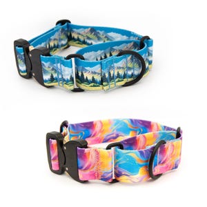 Puede incluir: Dos collares para perros. Uno es azul con un dise&ntilde;o de monta&ntilde;a y bosque. El otro es un remolino colorido de rosa, morado, amarillo y azul. Ambos collares tienen hebillas y anillas en D de metal negro.