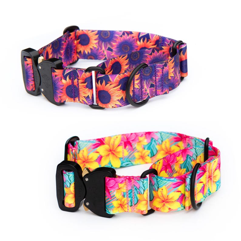 Puede incluir: Dos collares para perros con dise&ntilde;os florales. El collar superior presenta girasoles en tonos naranja, amarillo y morado. El collar inferior muestra un dise&ntilde;o floral tropical con flores amarillas, rosas y turquesas. Ambos collares tienen herrajes met&aacute;licos negros.